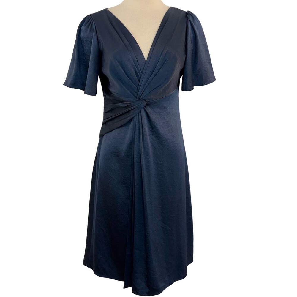 Elie Tahari Satin Twist Front Mini Dress Short Sleeve Dark Teal Navy Size 6